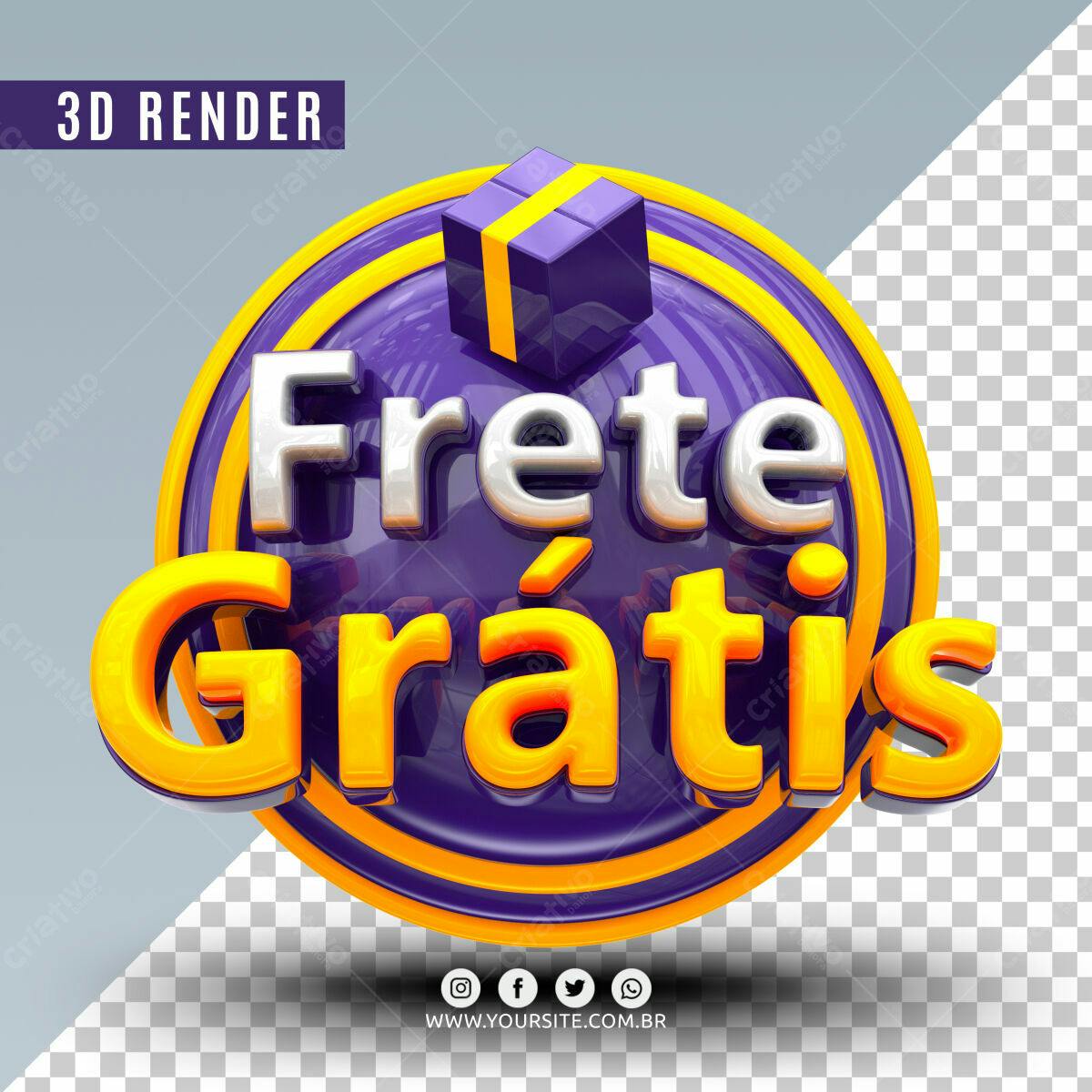 Selo 3D promocional frete grátis roxo e amarelo