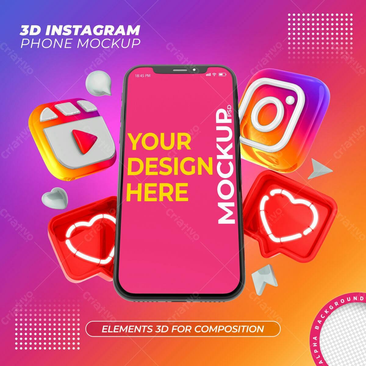 Mockup 3D de Smartphone com Ícones Instagram