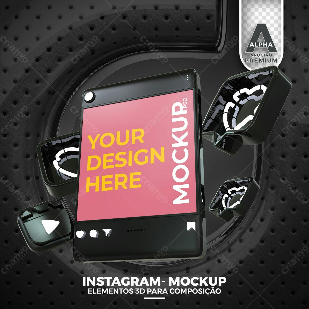 Mockup de Smartphone com Ícones 3D em Preto e Rosa