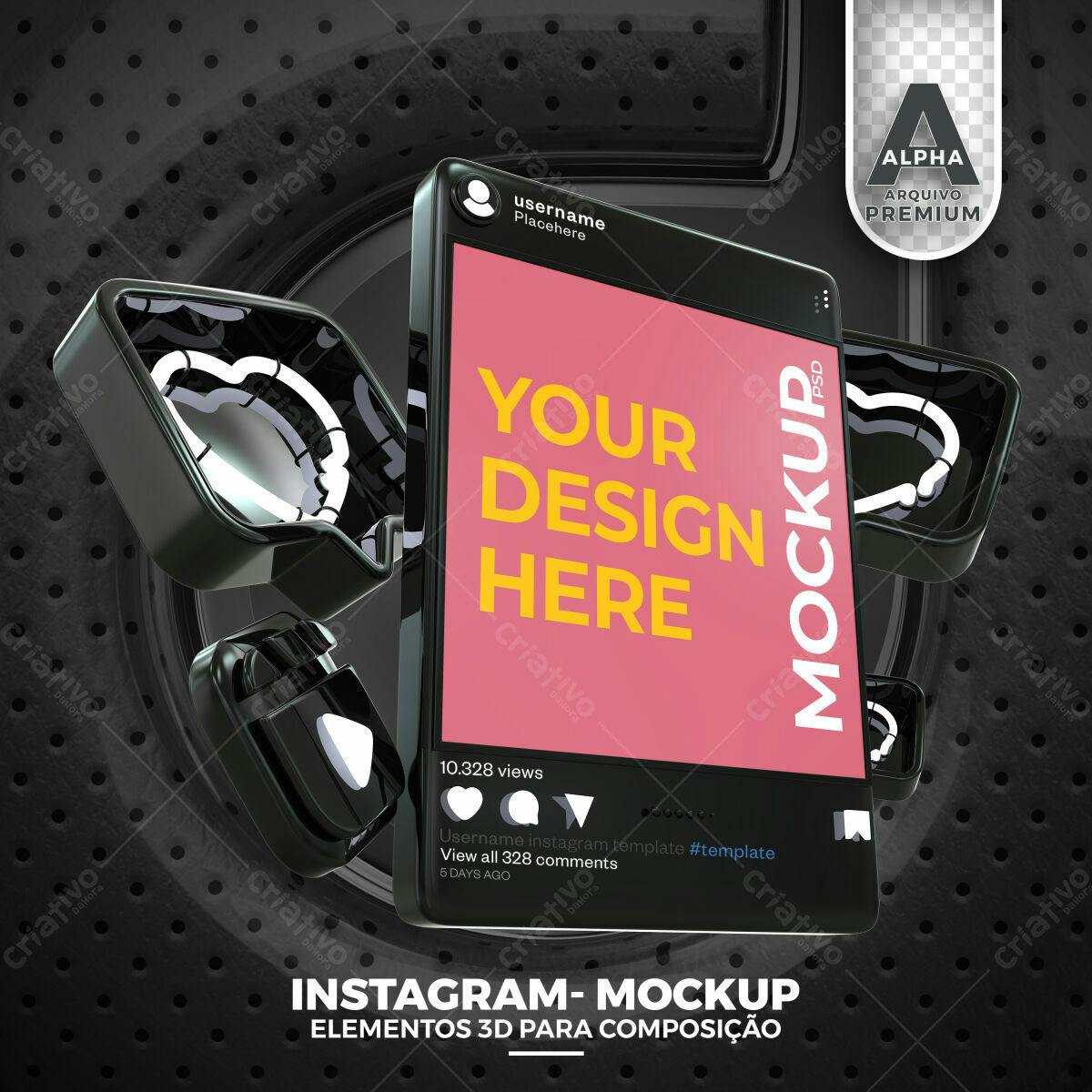 Mockup Instagram 3D Realista: Smartphone com ícones pretos
