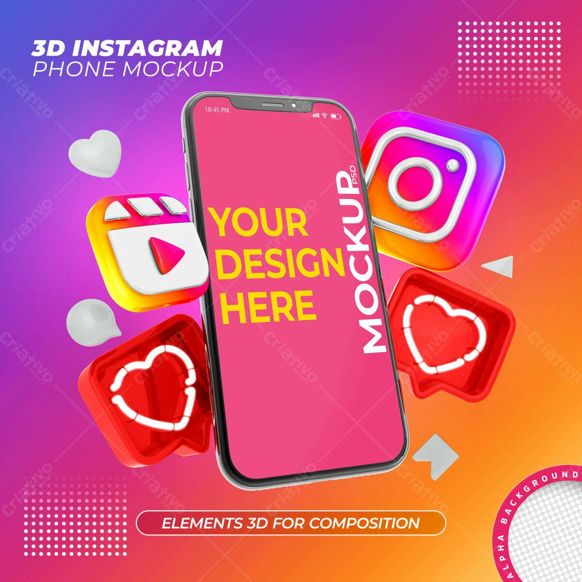 Mockup 3D de Smartphone com Ícones Instagram