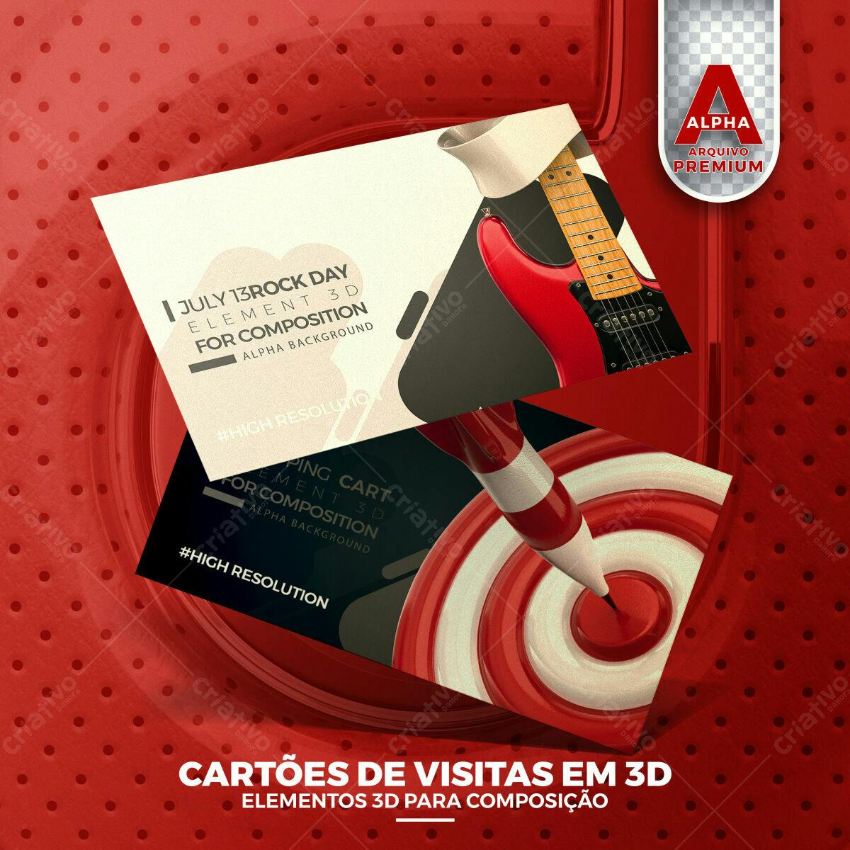 Mockup de Cartões de Visita 3D com Guitarra e Alvo