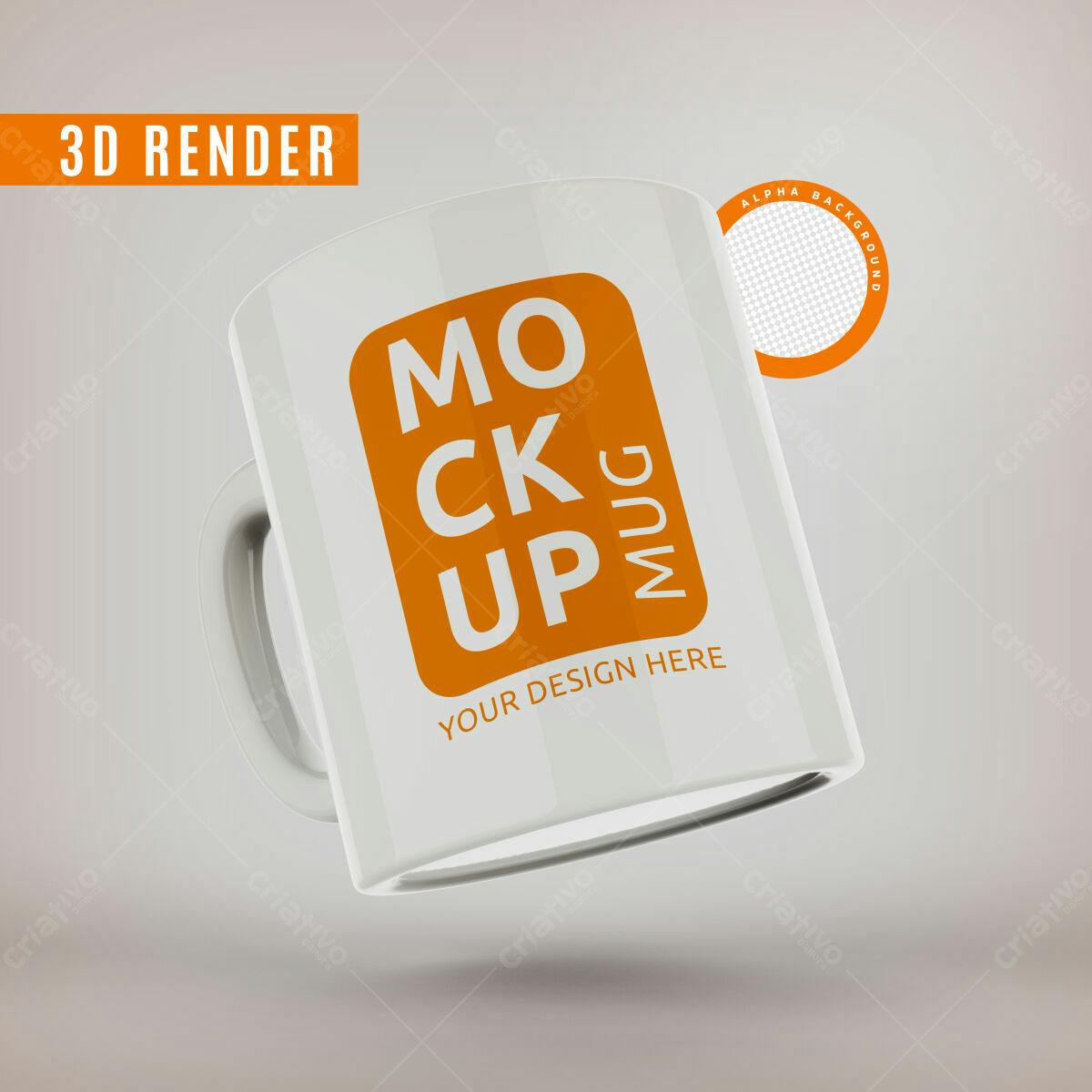 Mockup Caneca Branca com Design Laranja - 3D Render
