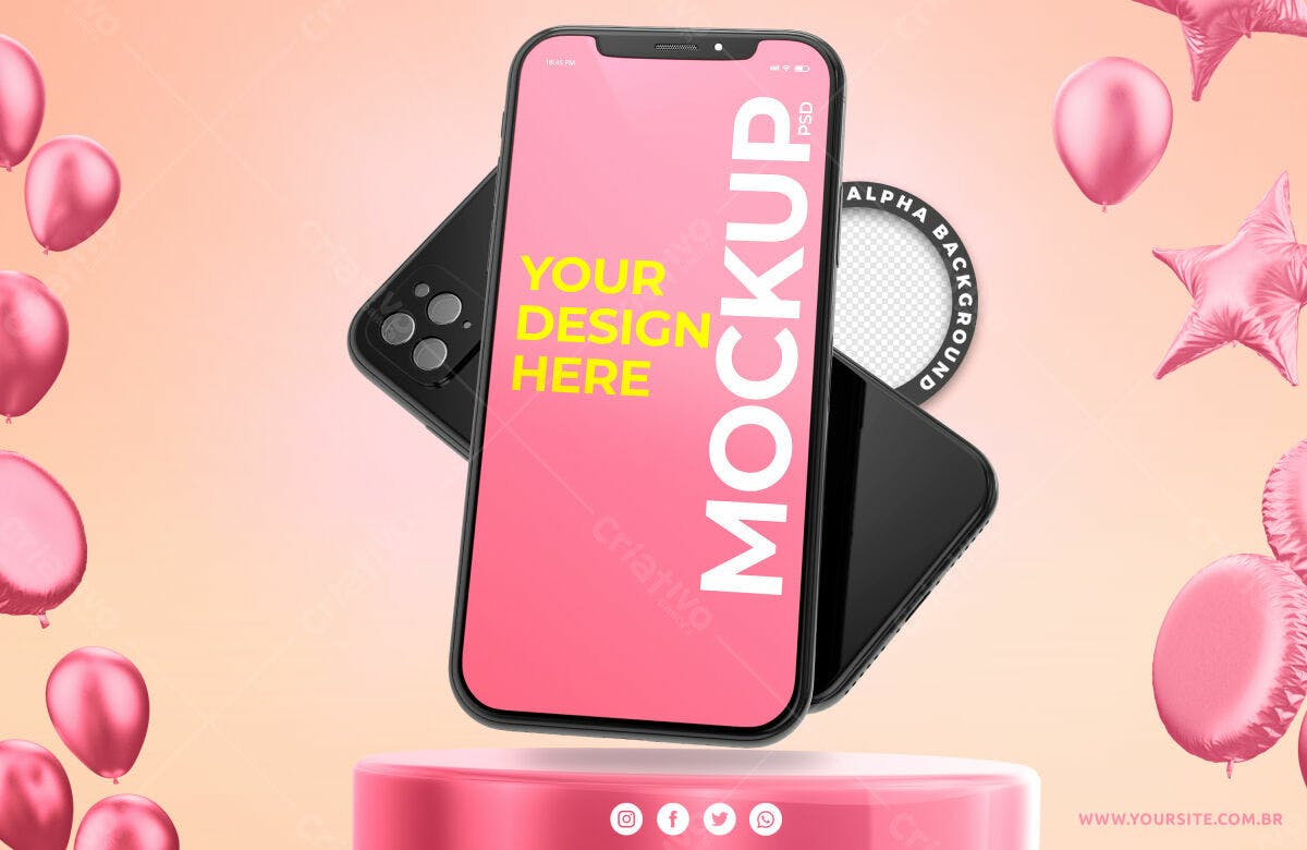 Mockup Smartphone Rosa com Balões: Design Moderno
