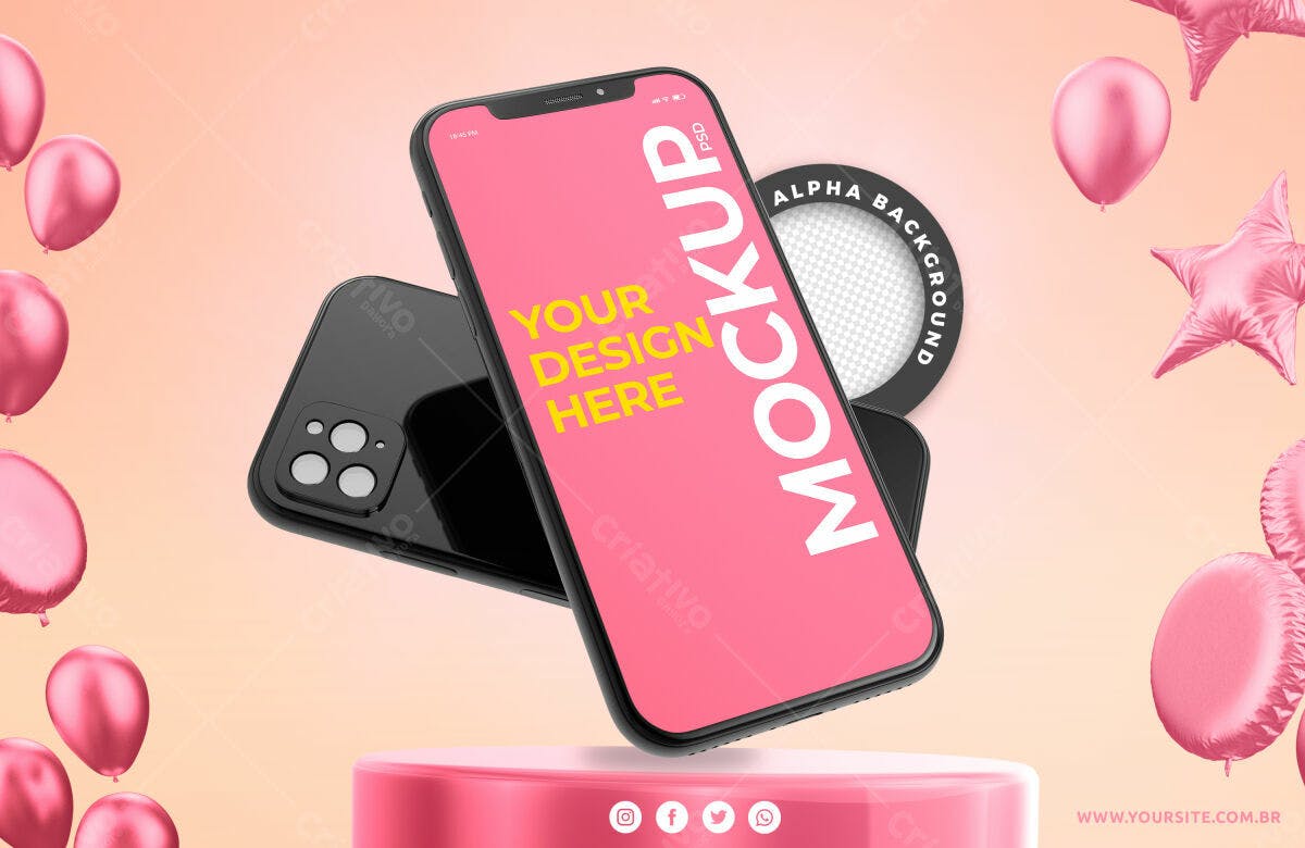 Mockup Smartphone Rosa: Design Moderno com Balões