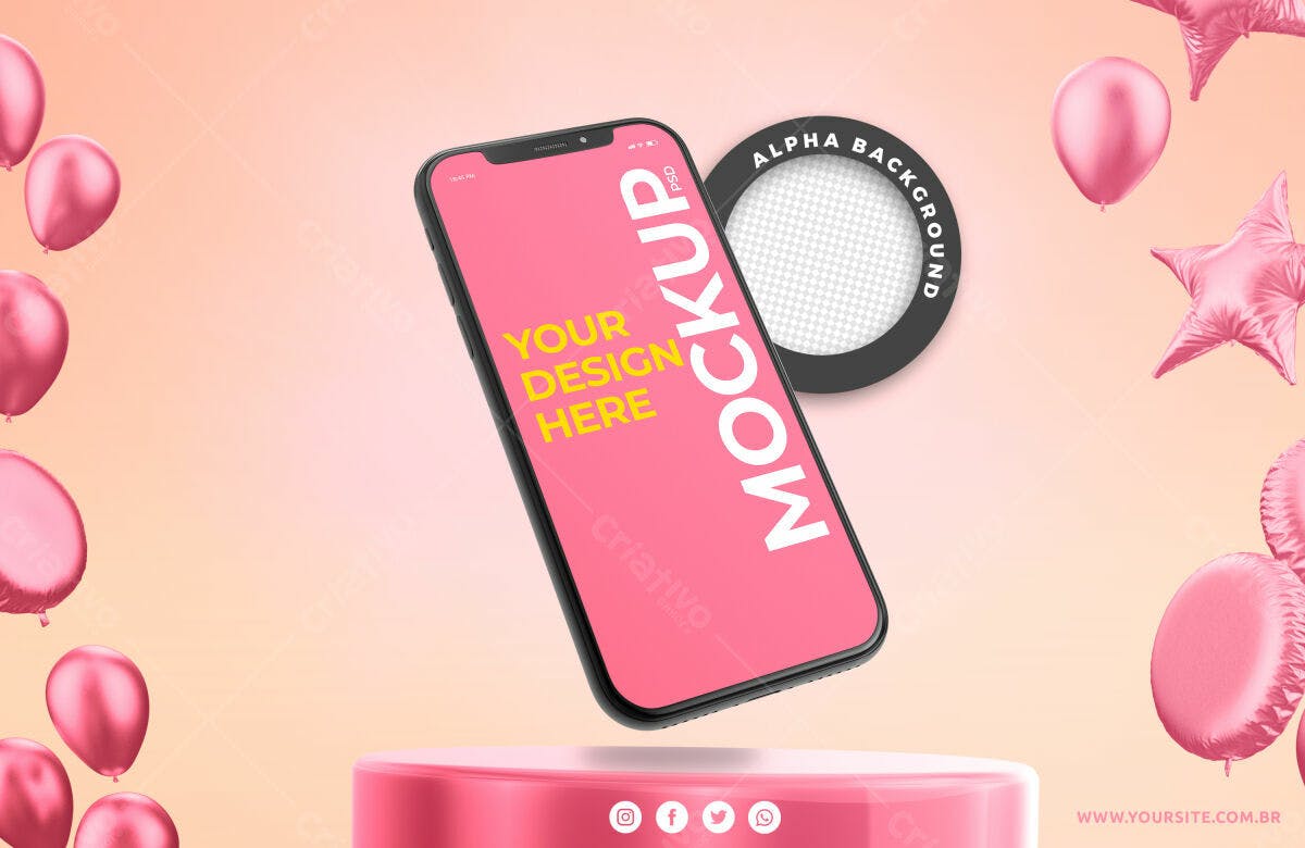 Mockup de Smartphone com Balões Rosa