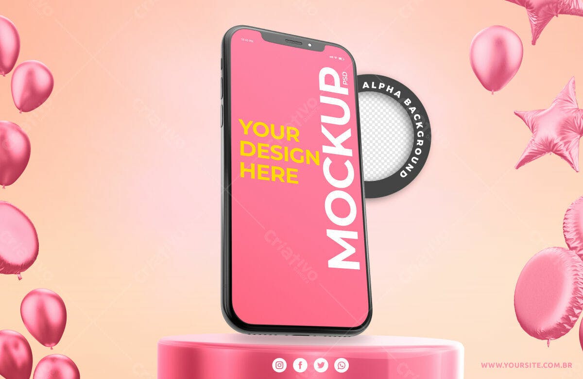 Mockup Smartphone Rosa: Balões e Design Moderno