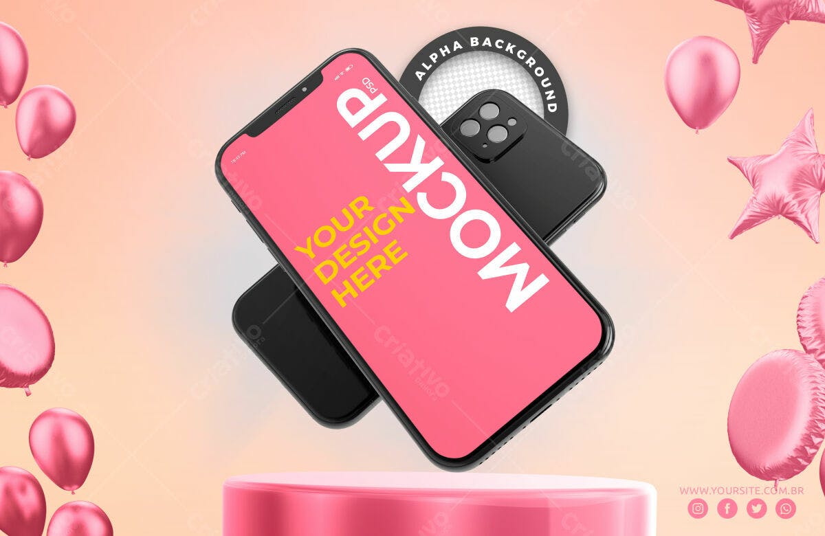Mockup Smartphone Rosa: Design Moderno com Balões