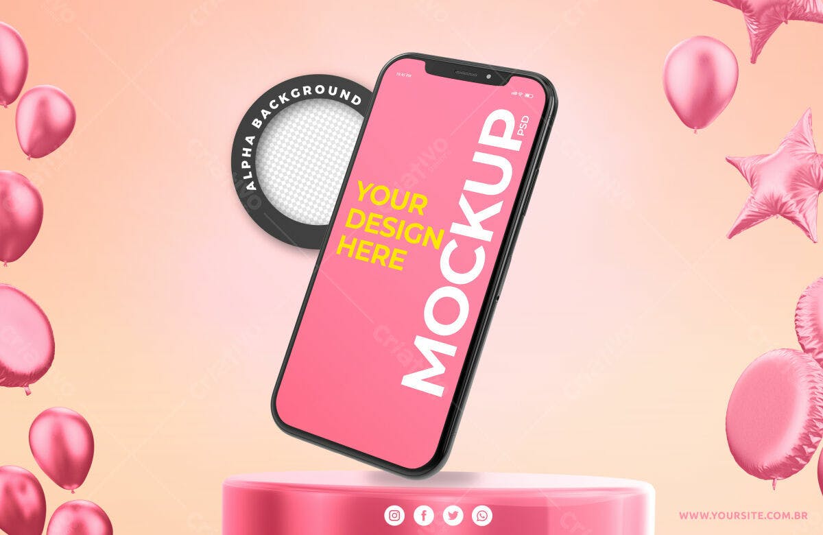 Mockup Smartphone Rosa com Balões - Design Moderno