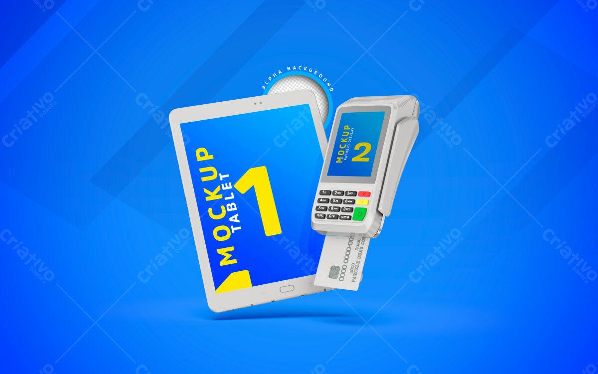 Mockup Realista: Tablet e Máquina de Cartão em Azul