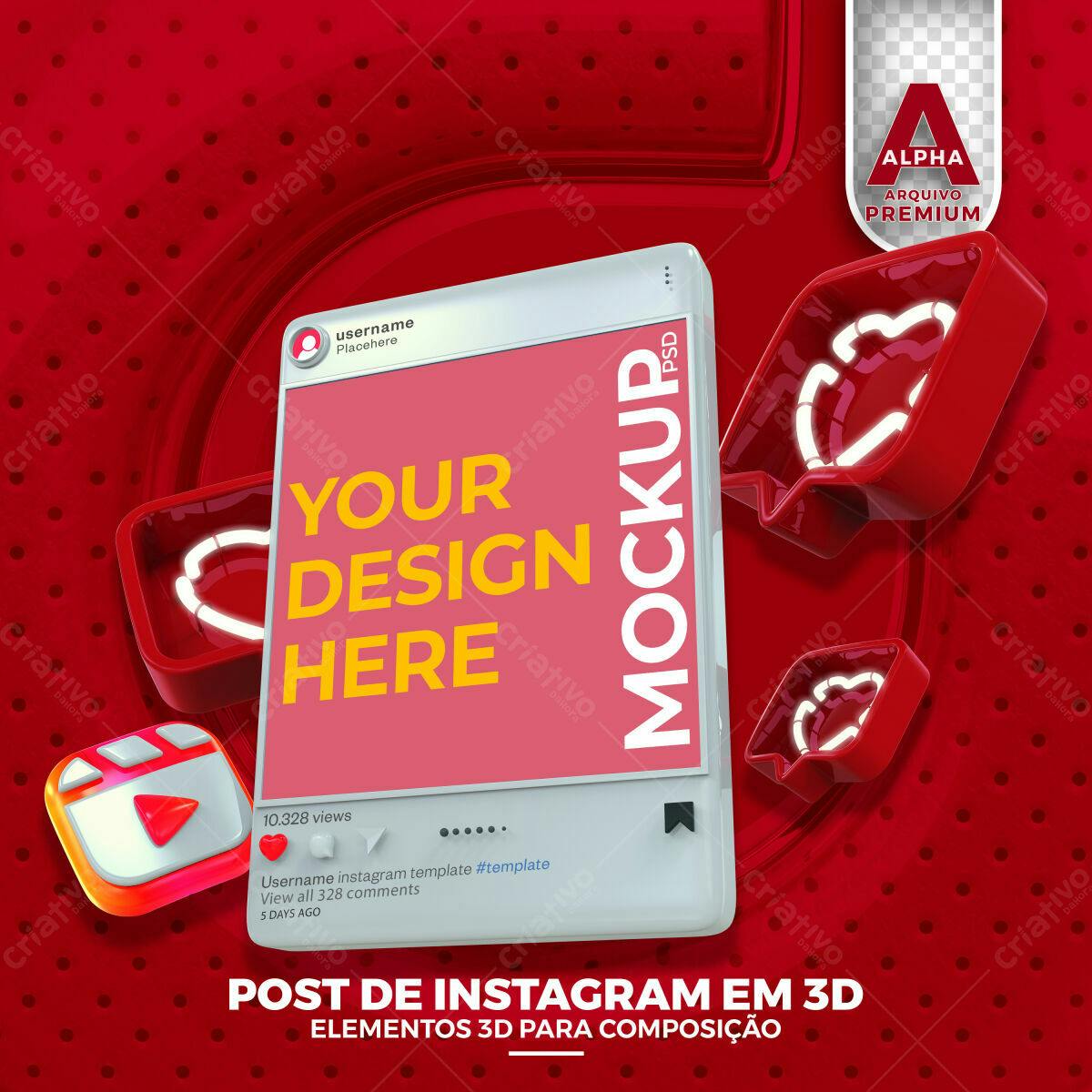 Mockup 3D Realista de Post para Instagram em Vermelho