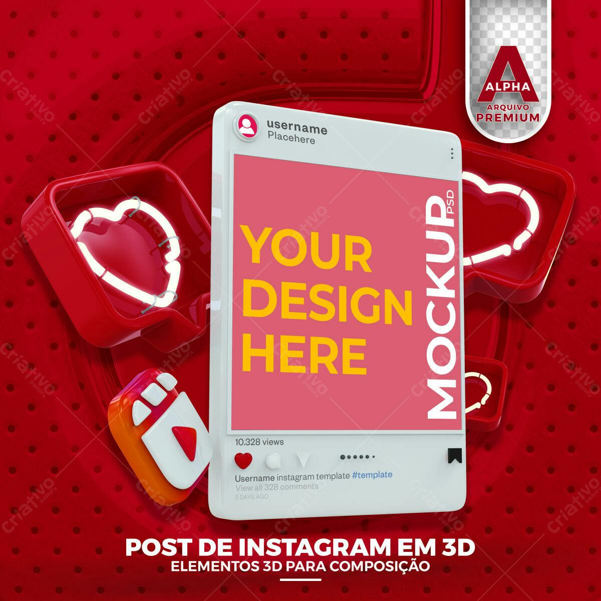 Mockup 3D Realista de Post para Instagram em Vermelho