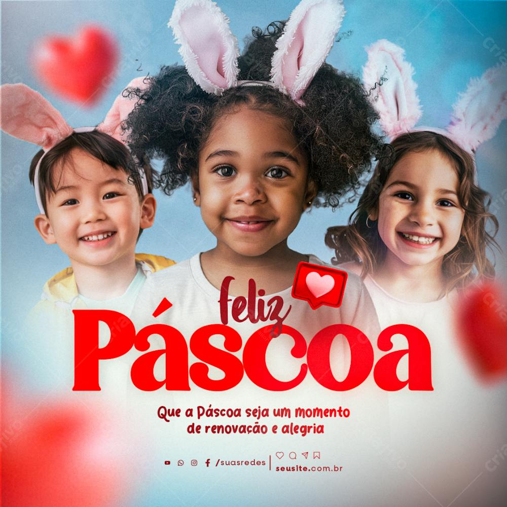 Feliz Pascoa Criancas Sorrindo Com Orelinhas Social Media 