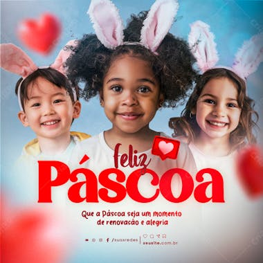 Feliz pascoa criancas sorrindo com orelinhas social media