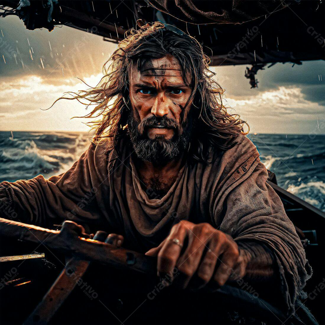 Homem barbudo em barco no mar tempestuoso