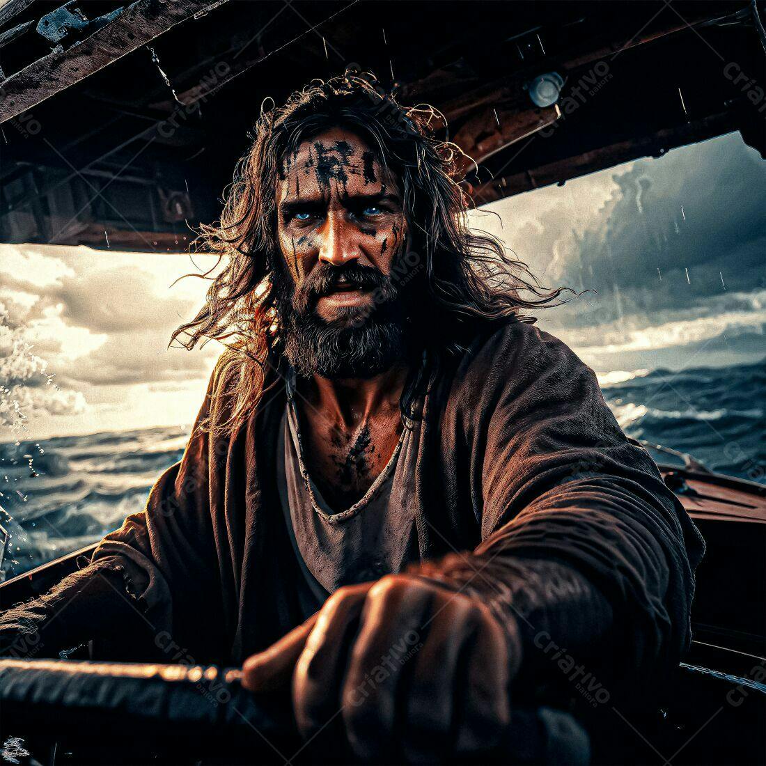 Homem barbudo em barco no mar tempestuoso