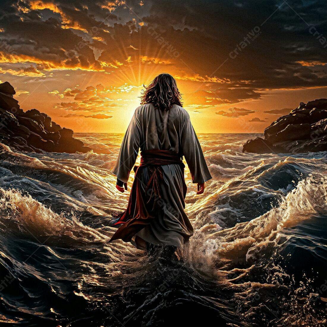 Jesus caminhando sobre as águas ao pôr do sol