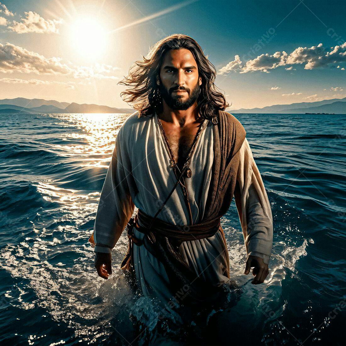 Jesus caminhando sobre as águas ao pôr do sol