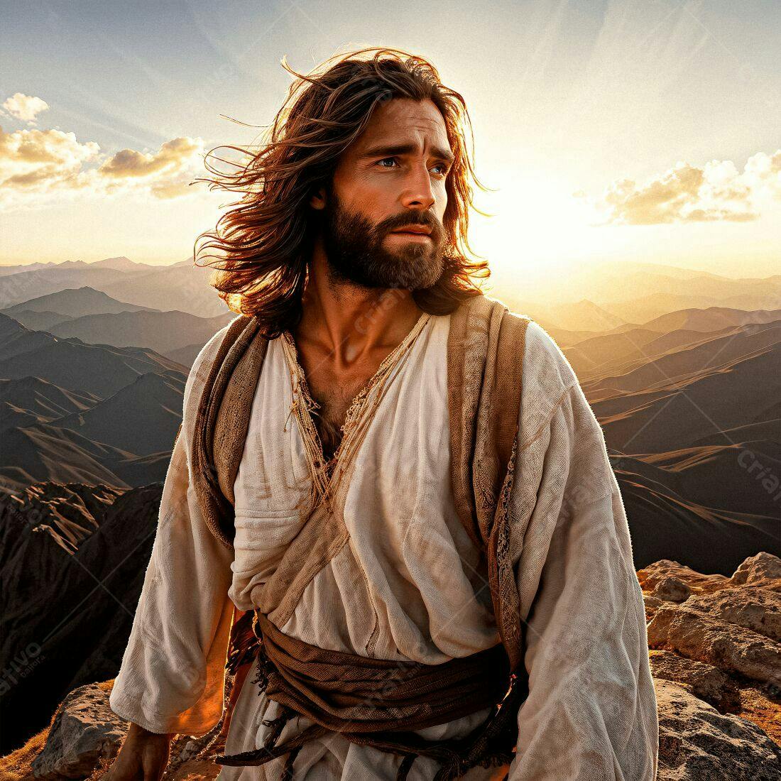 Jesus Cristo em paisagem montanhosa ao entardecer