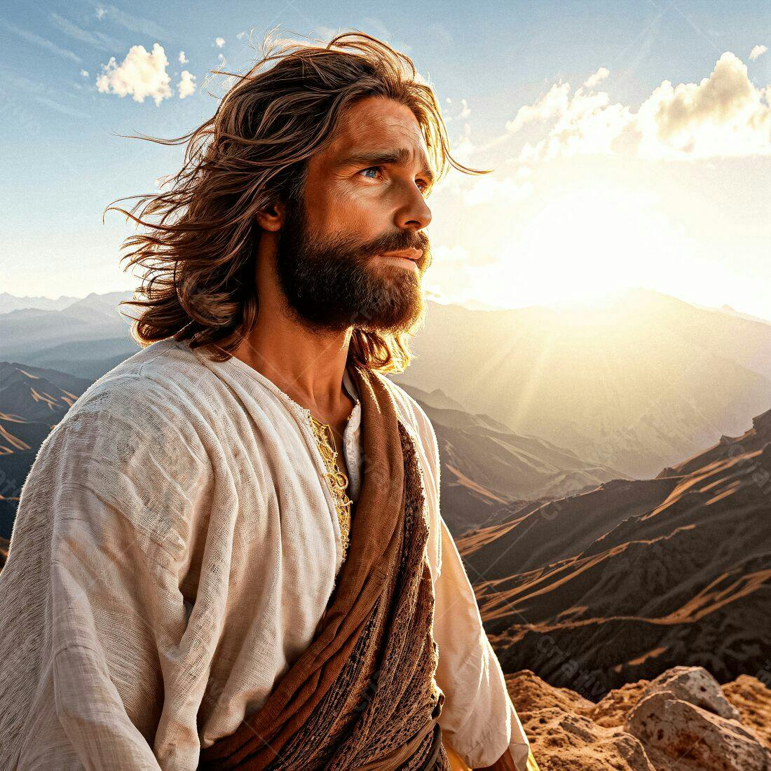 Jesus em paisagem montanhosa ao pôr do sol