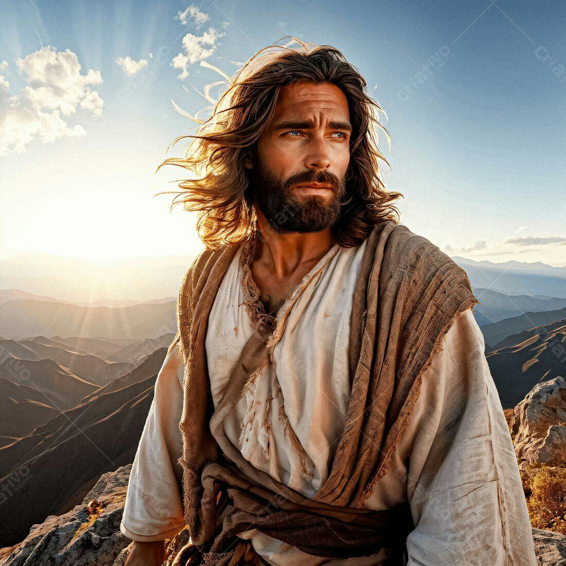 Jesus Cristo em paisagem montanhosa ao entardecer