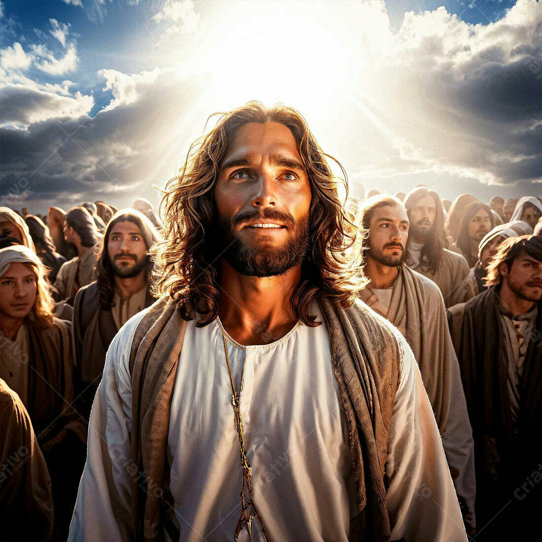 Jesus Cristo com seus discípulos sob céu ensolarado