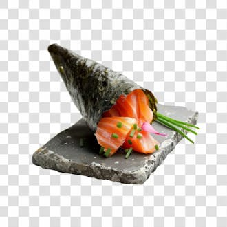 Imagem temaki sushi salmão em cima de tábua de pedra com fundo transparente