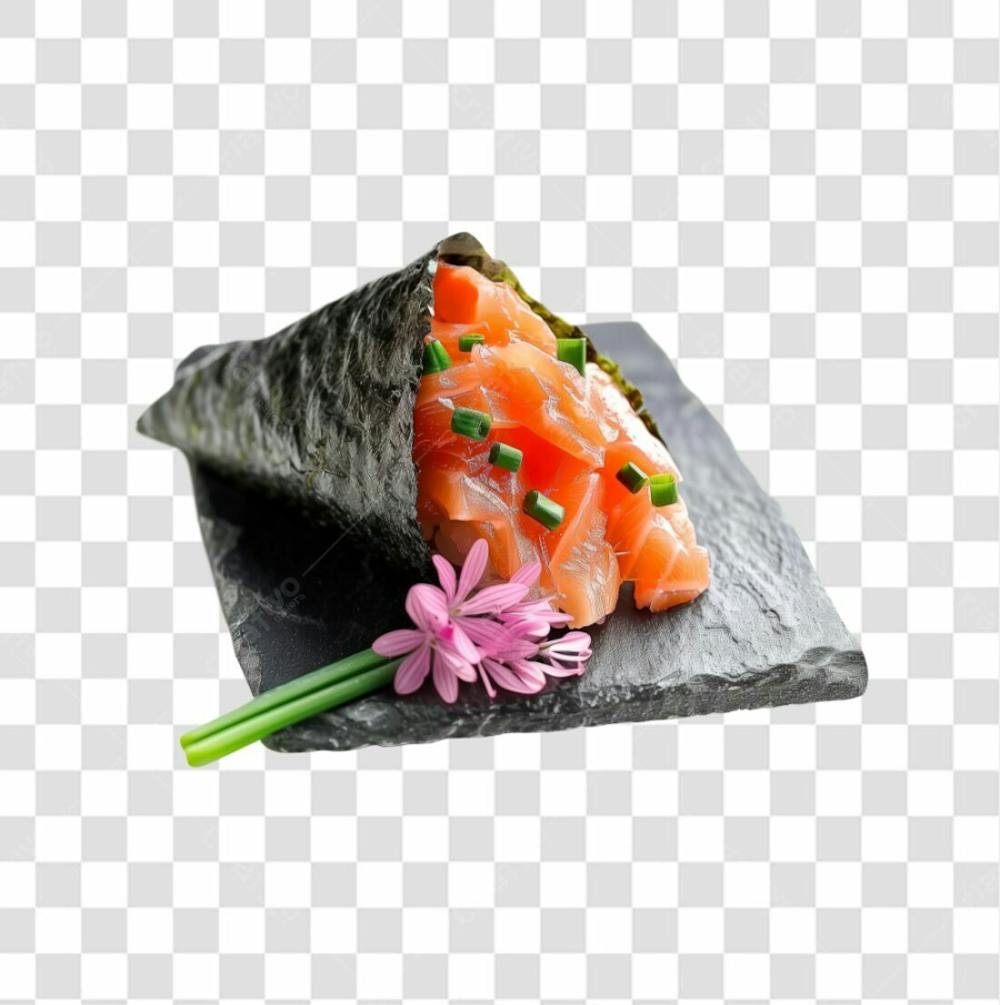 Imagem Temaki Sushi Salmão Em Cima De Tábua De Pedra Com Fundo Transparente (2)