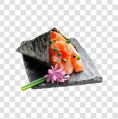 Imagem temaki sushi salmão em cima de tábua de pedra com fundo transparente