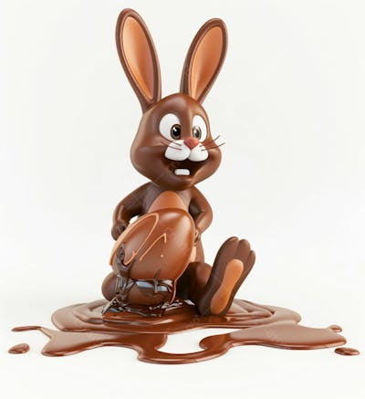 Coelho De Chocolate Sentado Na Calda De Chocolate Segurando Um Ovo De Páscoa 3D 1