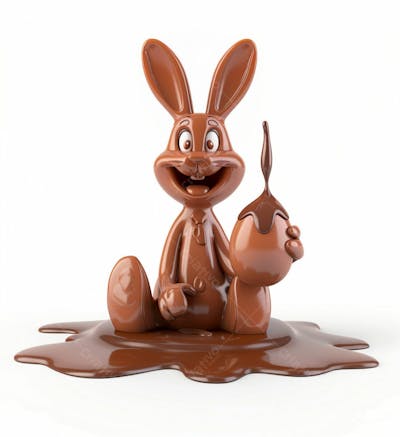 Coelho De Chocolate Sentado Na Calda De Chocolate Segurando Um Ovo De Páscoa 3D 3