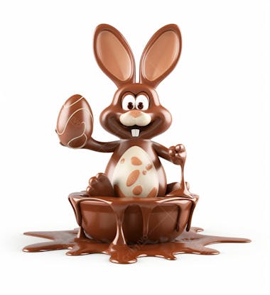 Coelho de chocolate sentado na calda de chocolate segurando um ovo de páscoa 3d 4