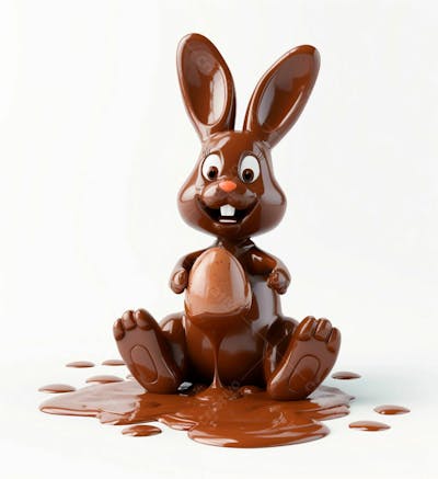 Coelho De Chocolate Sentado Na Calda De Chocolate Segurando Um Ovo De Páscoa 3D 5