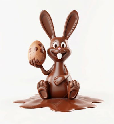 Coelho De Chocolate Sentado Na Calda De Chocolate Segurando Um Ovo De Páscoa 3D 7