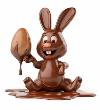 Coelho de chocolate sentado na calda de chocolate segurando um ovo de páscoa 3d 8