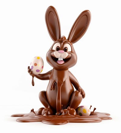 Coelho De Chocolate Sentado Na Calda De Chocolate Segurando Um Ovo De Páscoa 3D 9