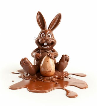 Coelho de chocolate sentado na calda de chocolate segurando um ovo de páscoa 3d 10