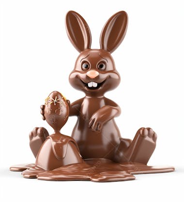 Coelho de chocolate sentado na calda de chocolate segurando um ovo de páscoa 3d 11