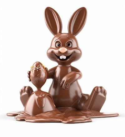 Coelho De Chocolate Sentado Na Calda De Chocolate Segurando Um Ovo De Páscoa 3D 11