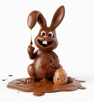 Coelho de chocolate sentado na calda de chocolate segurando um ovo de páscoa 3d 6
