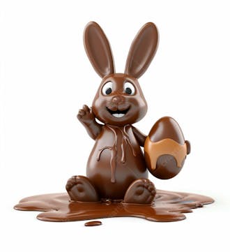 Coelho de chocolate sentado na calda de chocolate segurando um ovo de páscoa 3d 12