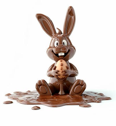 Coelho De Chocolate Sentado Na Calda De Chocolate Segurando Um Ovo De Páscoa 3D 13