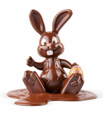 Coelho de chocolate sentado na calda de chocolate segurando um ovo de páscoa 3d 14