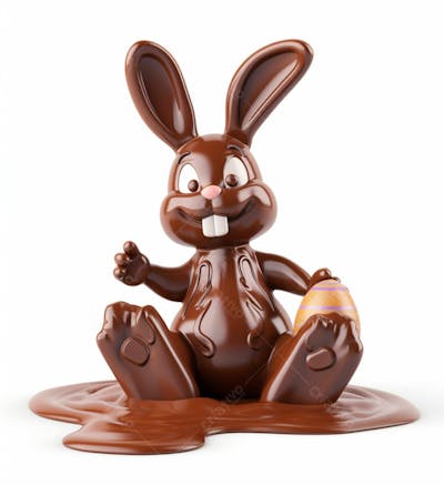 Coelho De Chocolate Sentado Na Calda De Chocolate Segurando Um Ovo De Páscoa 3D 14