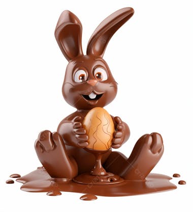 Coelho de chocolate sentado na calda de chocolate segurando um ovo de páscoa 3d 15