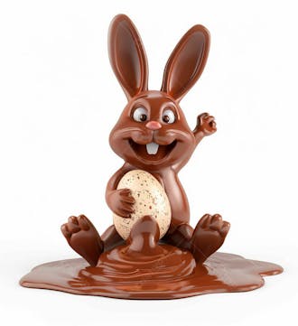 Coelho de chocolate sentado na calda de chocolate segurando um ovo de páscoa 3d 17