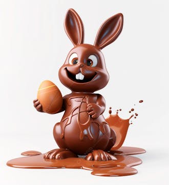 Coelho de chocolate sentado na calda de chocolate segurando um ovo de páscoa 3d 19