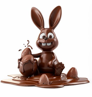 Coelho de chocolate sentado na calda de chocolate segurando um ovo de páscoa 3d 21