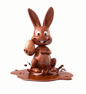 Coelho de chocolate sentado na calda de chocolate segurando um ovo de páscoa 3d 23