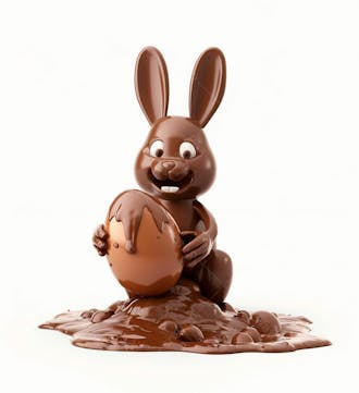 Coelho de chocolate sentado na calda de chocolate segurando um ovo de páscoa 3d 24